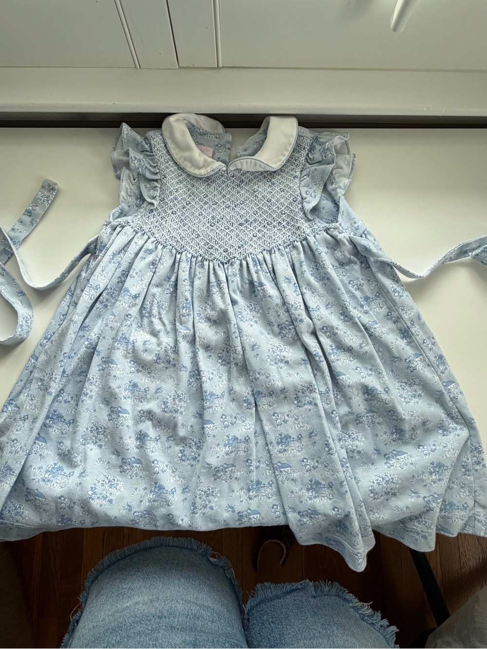 Blue Floral Smocked Girls' Dress with Peter Pan Collar